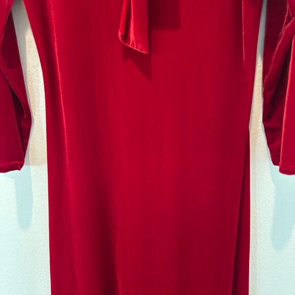 Maxi Dress Red Velvet Tie Mock Neck Long Sleeve Elegant Formal Fairy Holiday - Picture 8 of 12